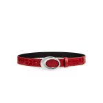 Front view of a red croc-embossed casual belt with oval buckle on a white background