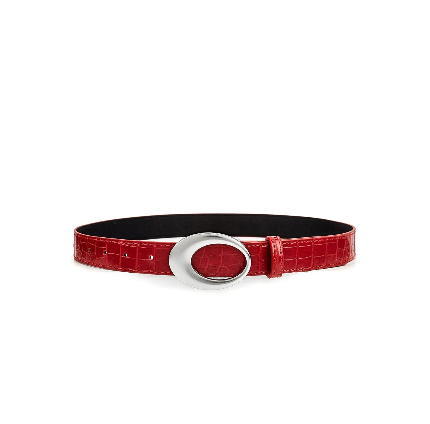 Front view of a red croc-embossed casual belt with oval buckle on a white background