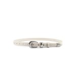 White slim casual belt with silver buckle, metal keeper, and pointed tip on a white background