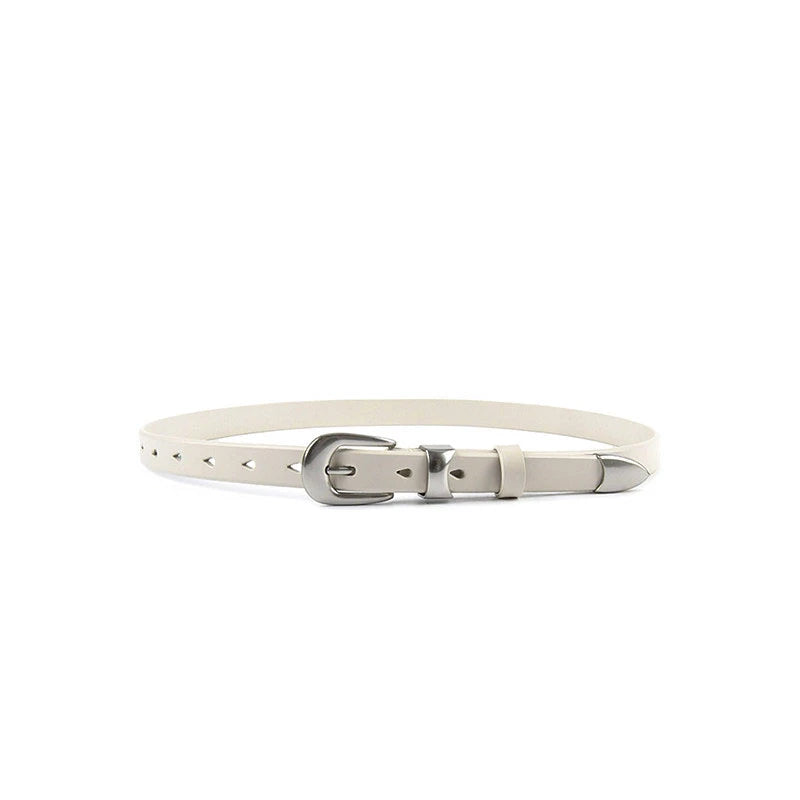 White slim casual belt with silver buckle, metal keeper, and pointed tip on a white background