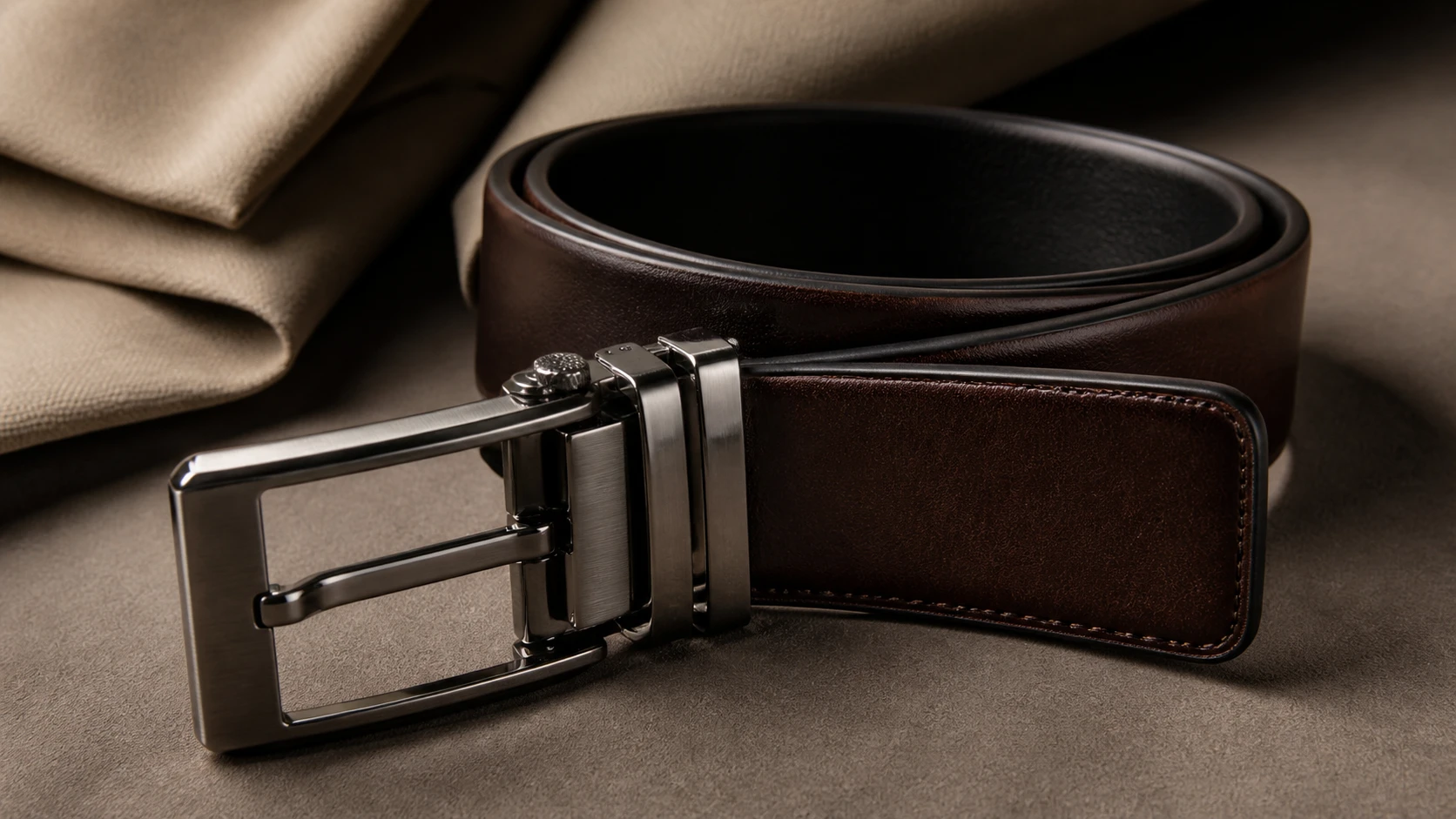 Close-up of a reversible belt buckle and strap thickness for fit and finish comparison