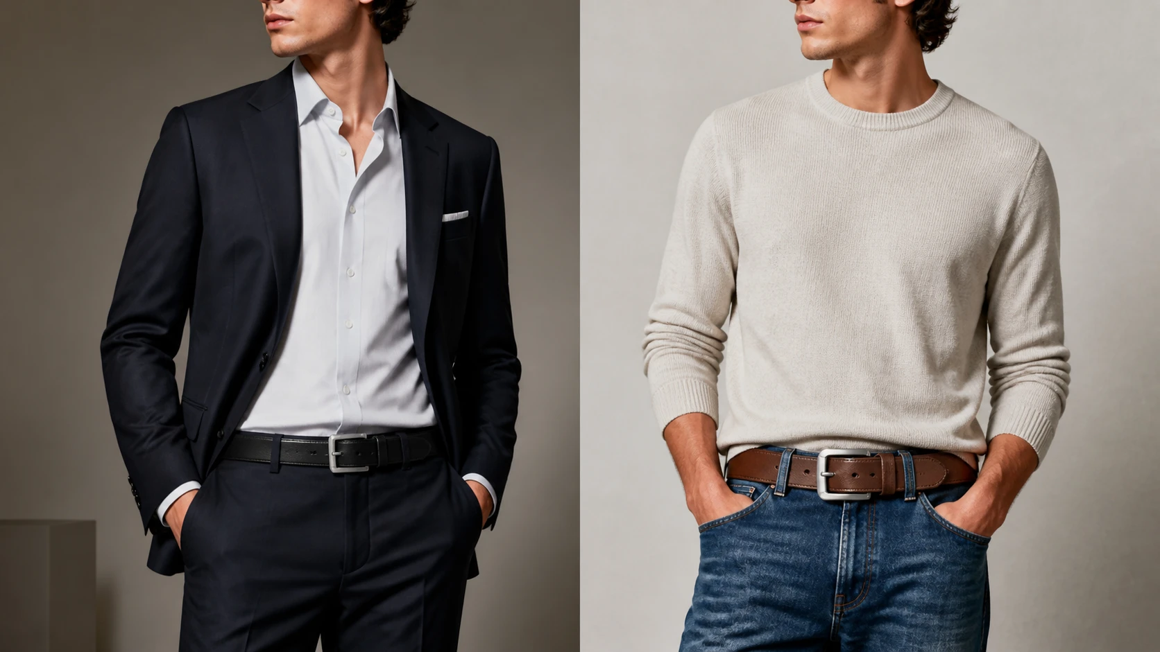 Comparison of a reversible belt for trousers versus a separate casual belt for denim outfits