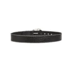 Back view of a black croc-embossed belt for women showing the adjustable strap, metal eyelets, and decorative edge trim