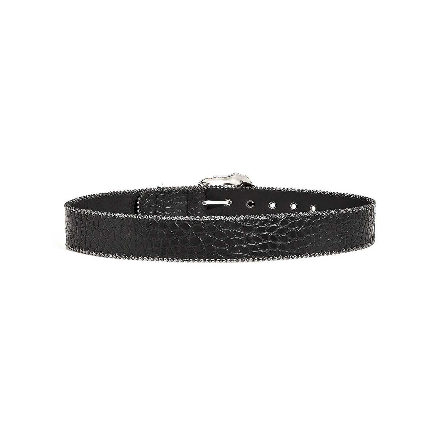 Back view of a black croc-embossed belt for women showing the adjustable strap, metal eyelets, and decorative edge trim