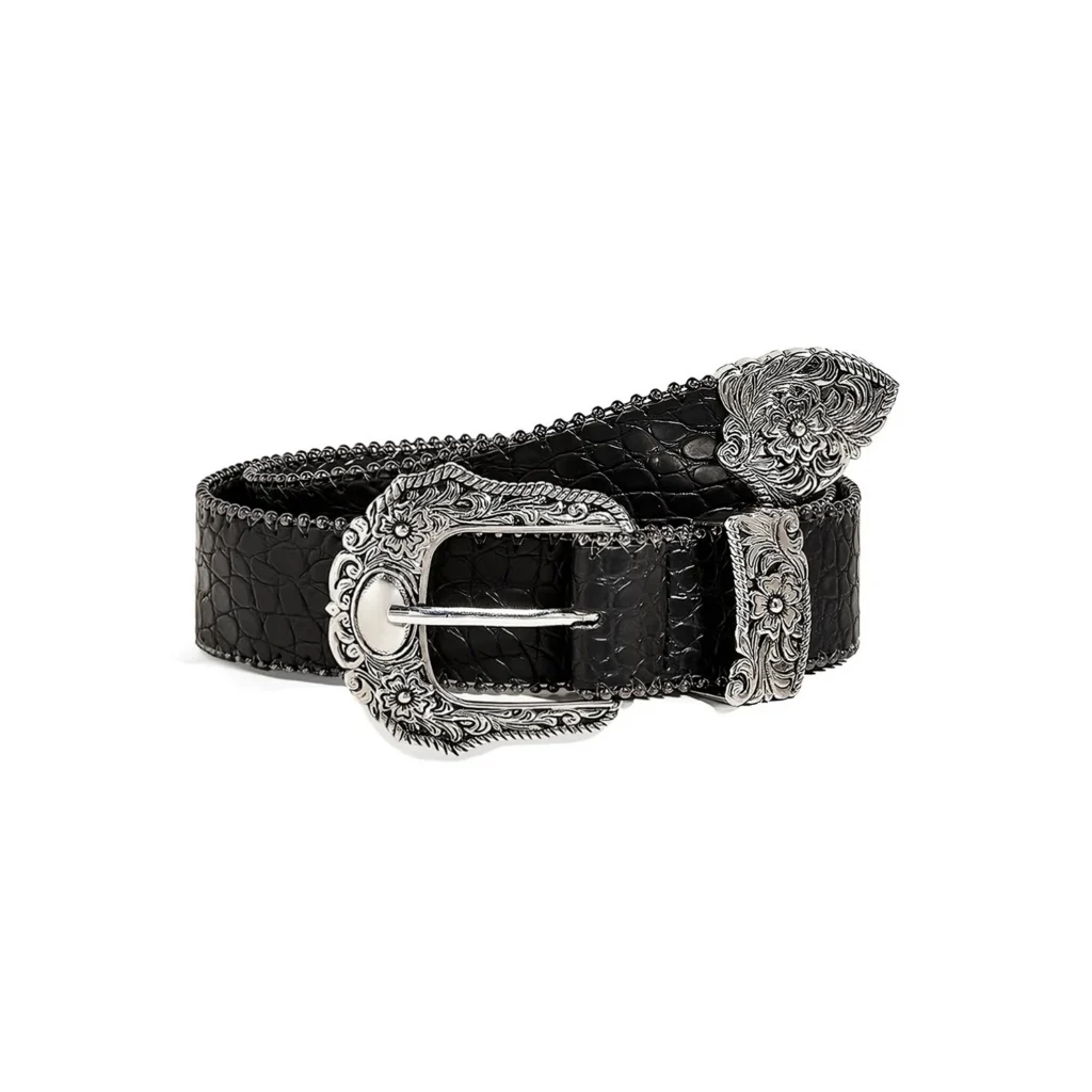 Black belt for women with a black croc-embossed strap and engraved silver alloy buckle on a white background