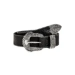 Black belt for women with a black croc-embossed strap and engraved silver alloy buckle on a white background