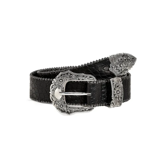 Black belt for women with a black croc-embossed strap and engraved silver alloy buckle on a white background