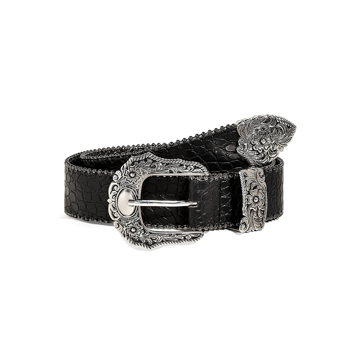 Black belt for women with a black croc-embossed strap and engraved silver alloy buckle on a white background