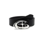 Coiled black belt with a smooth PU strap and polished silver-tone abstract cross buckle on a white background