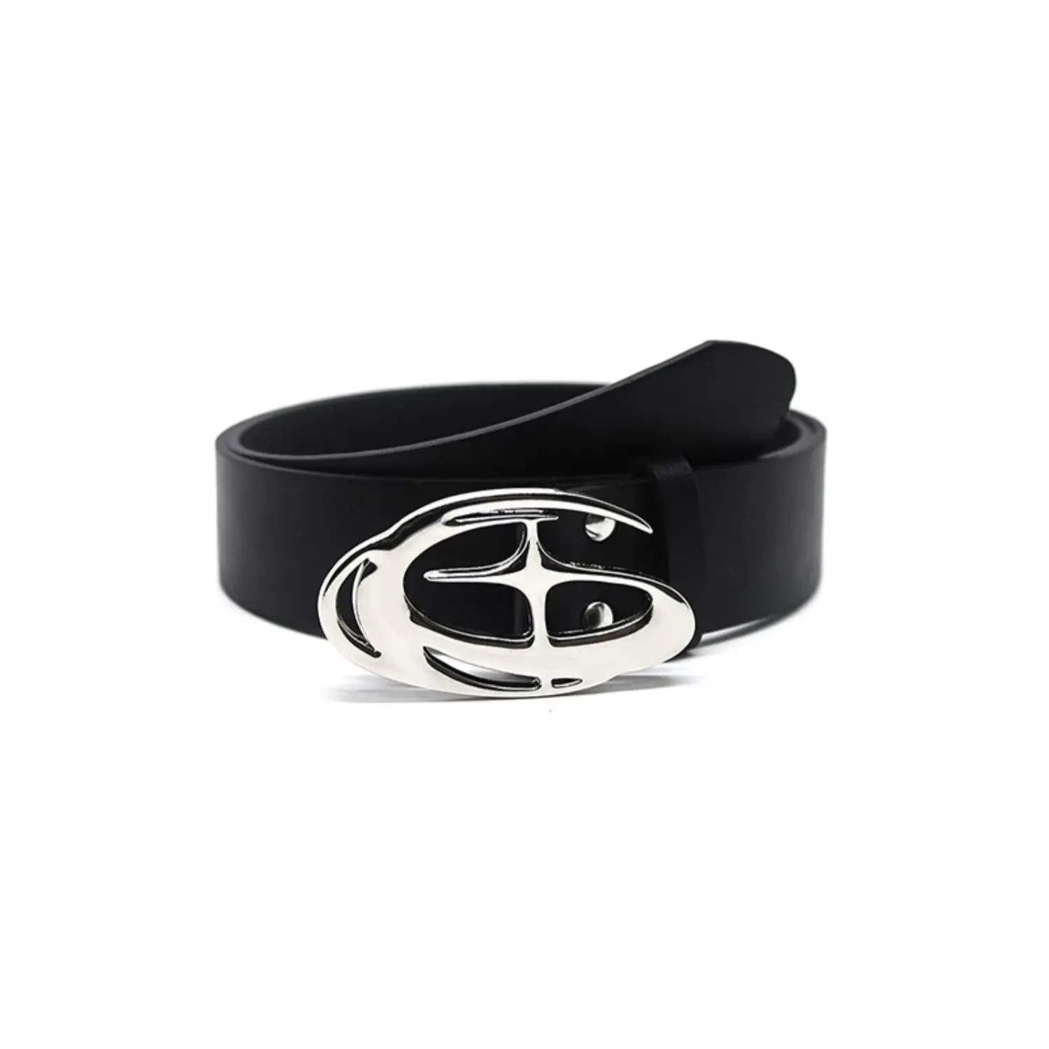 Coiled black belt with a smooth PU strap and polished silver-tone abstract cross buckle on a white background