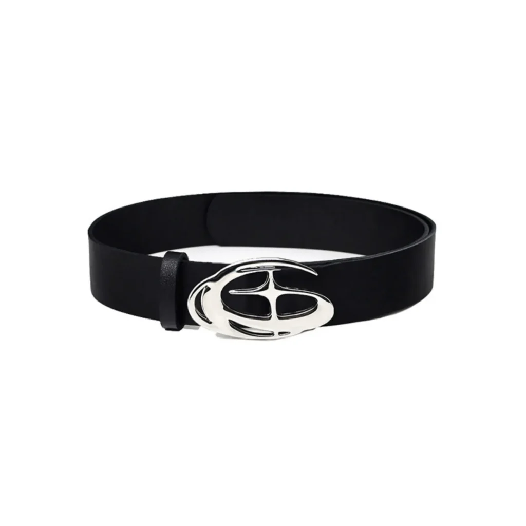 Black belts with a smooth PU strap and polished silver-tone abstract cross buckle on a white background