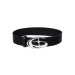 Black belts with a smooth PU strap and polished silver-tone abstract cross buckle on a white background