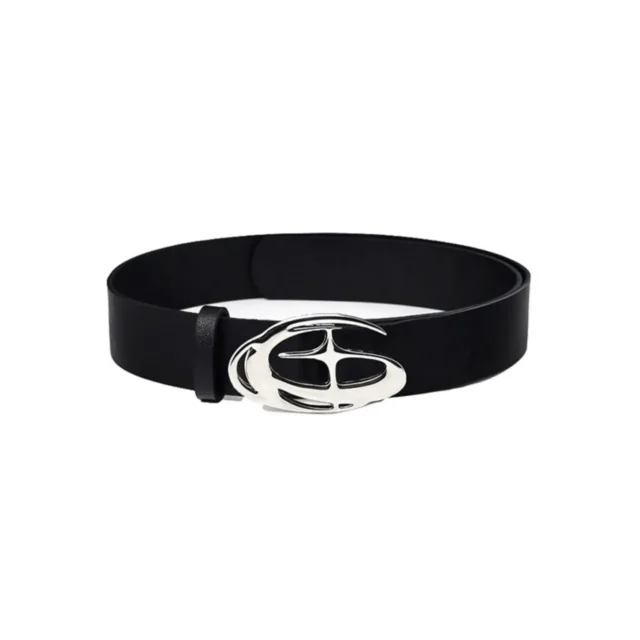 Black belts with a smooth PU strap and polished silver-tone abstract cross buckle on a white background