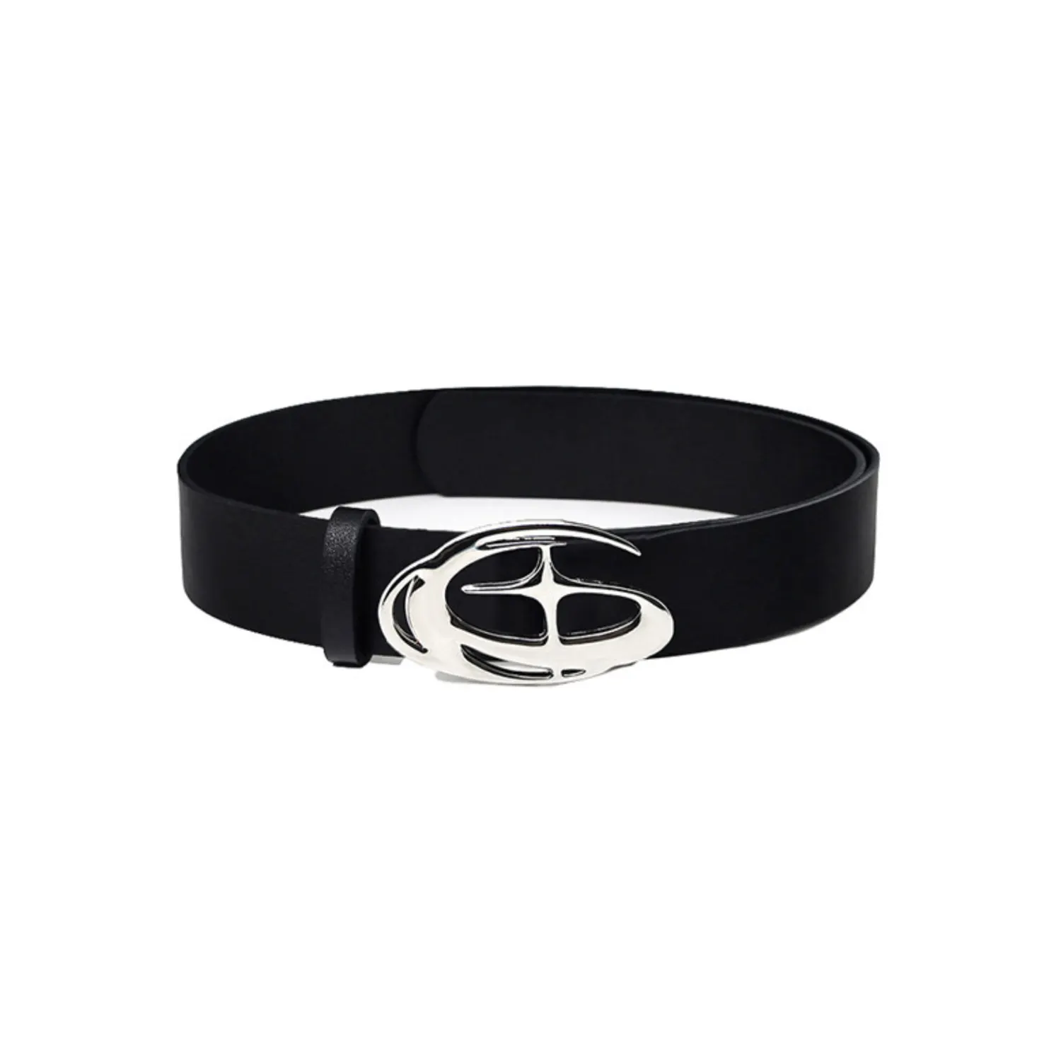 Black belts with a smooth PU strap and polished silver-tone abstract cross buckle on a white background