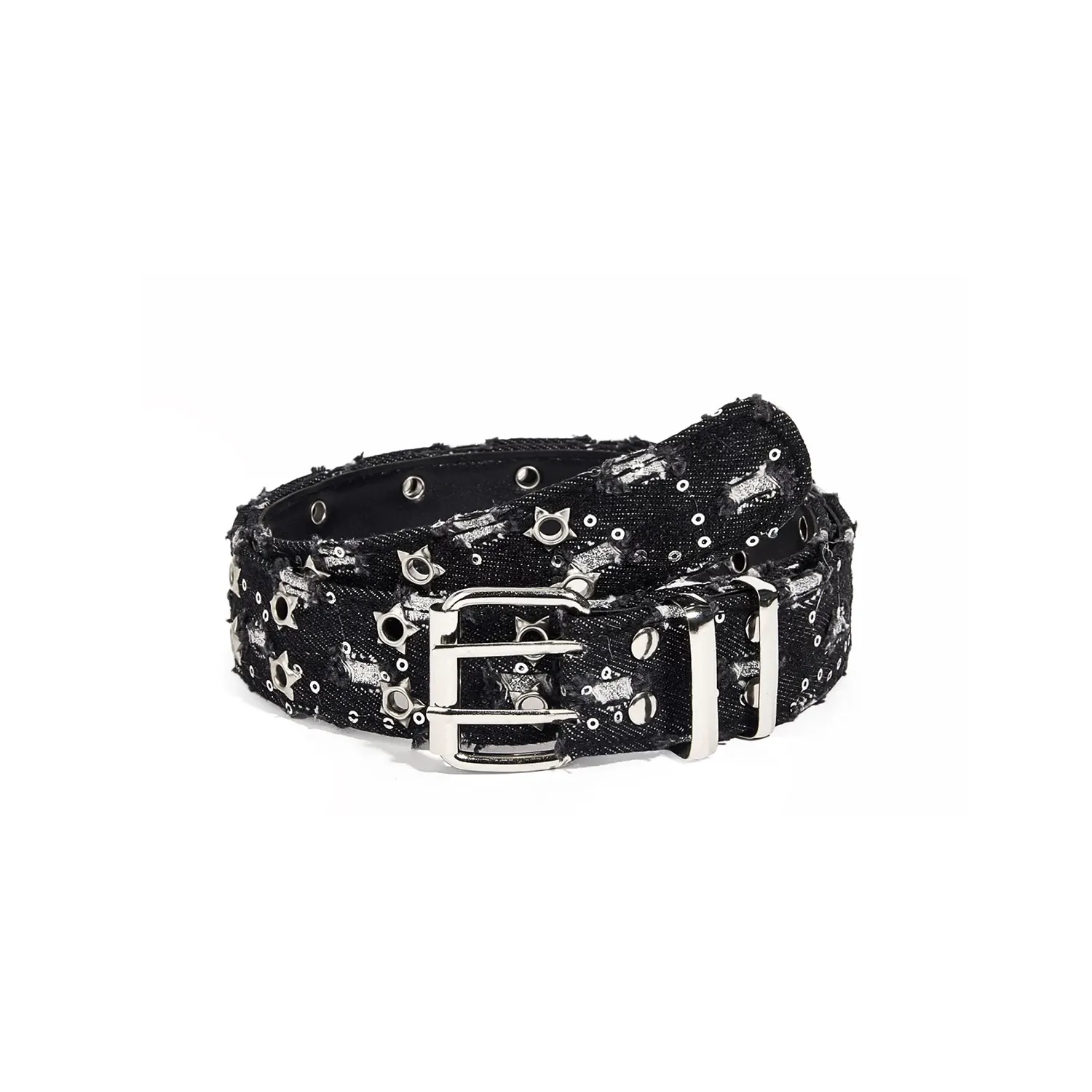 Black distressed denim cowgirl belt with silver-tone star studs and a double-prong alloy buckle