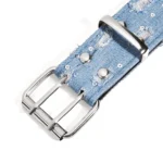 Close-up of the silver-tone double-prong buckle, star studs, and distressed blue denim on a cowgirl belt