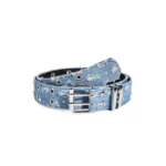 Cowgirl belt in distressed blue denim with silver-tone star studs and a double-prong alloy buckle on a white background