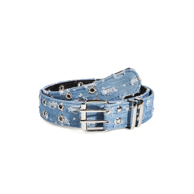 Cowgirl belt in distressed blue denim with silver-tone star studs and a double-prong alloy buckle on a white background
