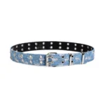 Full view of a blue distressed denim cowgirl belt with star studs, metal eyelets, and black backing
