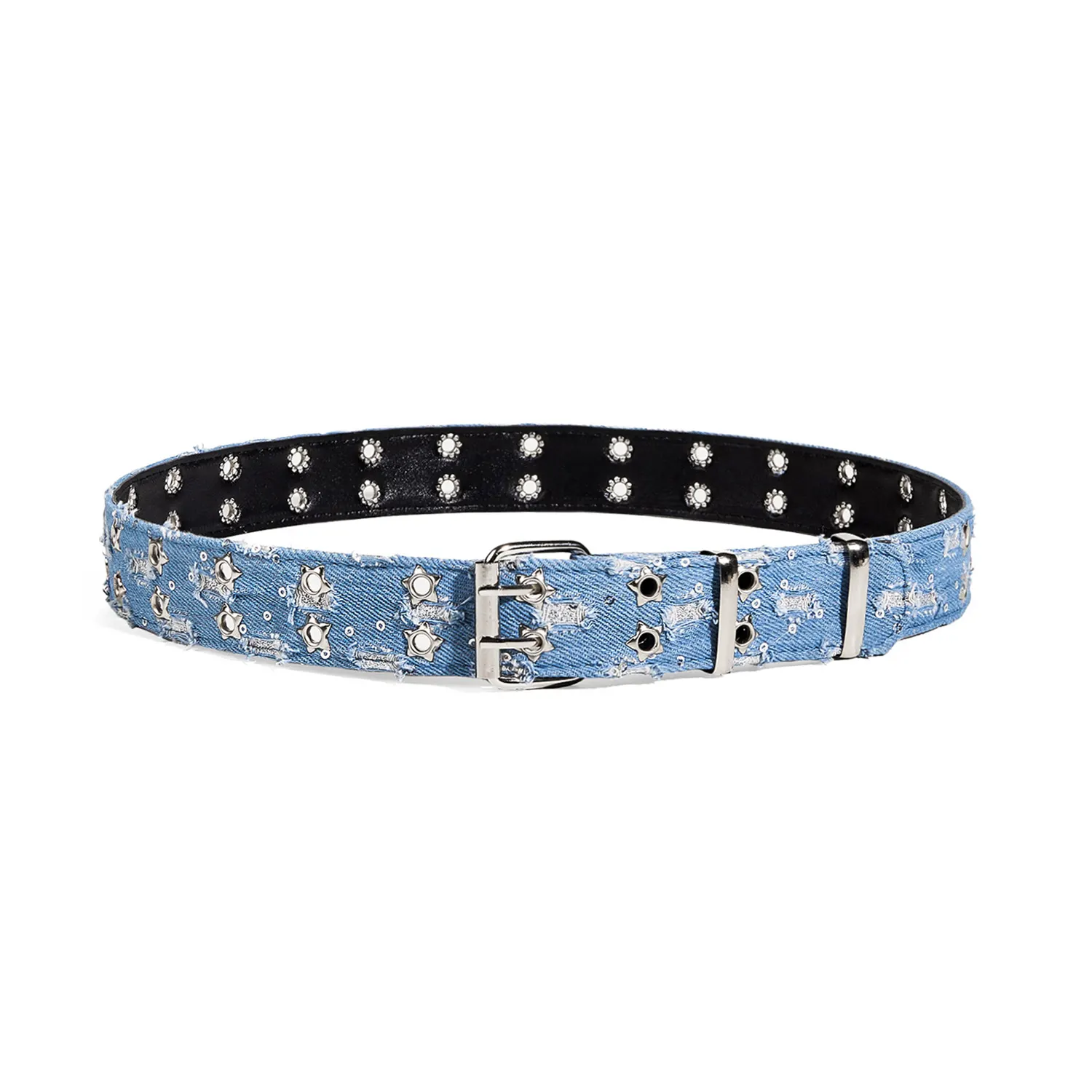 Full view of a blue distressed denim cowgirl belt with star studs, metal eyelets, and black backing