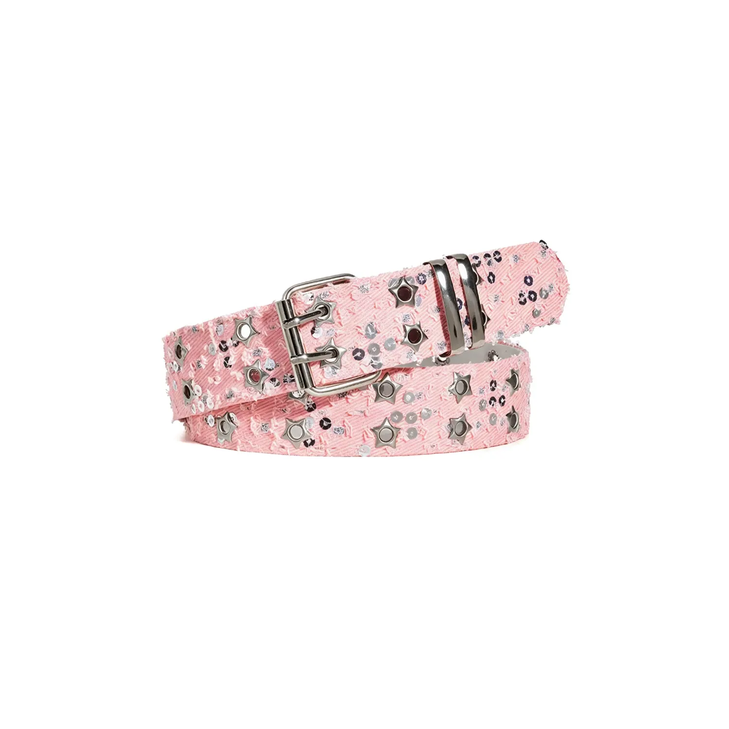 Pink distressed denim cowgirl belt with silver-tone star studs and a double-prong alloy buckle