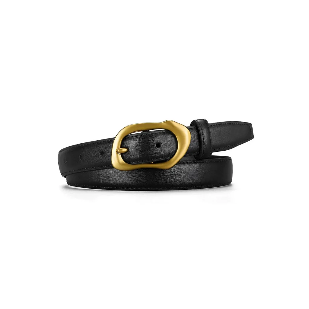 Genuine leather belt in black with a smooth cowhide strap and sculpted gold-tone alloy buckle on a white background