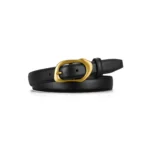 Genuine leather belt in black with a smooth cowhide strap and sculpted gold-tone alloy buckle on a white background