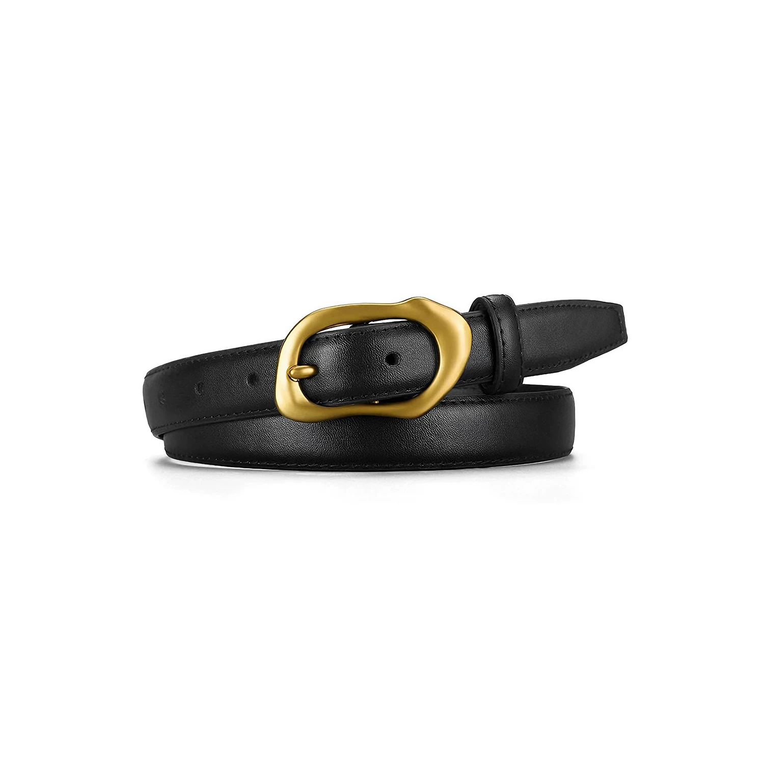 Genuine leather belt in black with a smooth cowhide strap and sculpted gold-tone alloy buckle on a white background