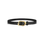 Black genuine leather belt with a slim smooth strap and gold-tone alloy pin buckle on a white background