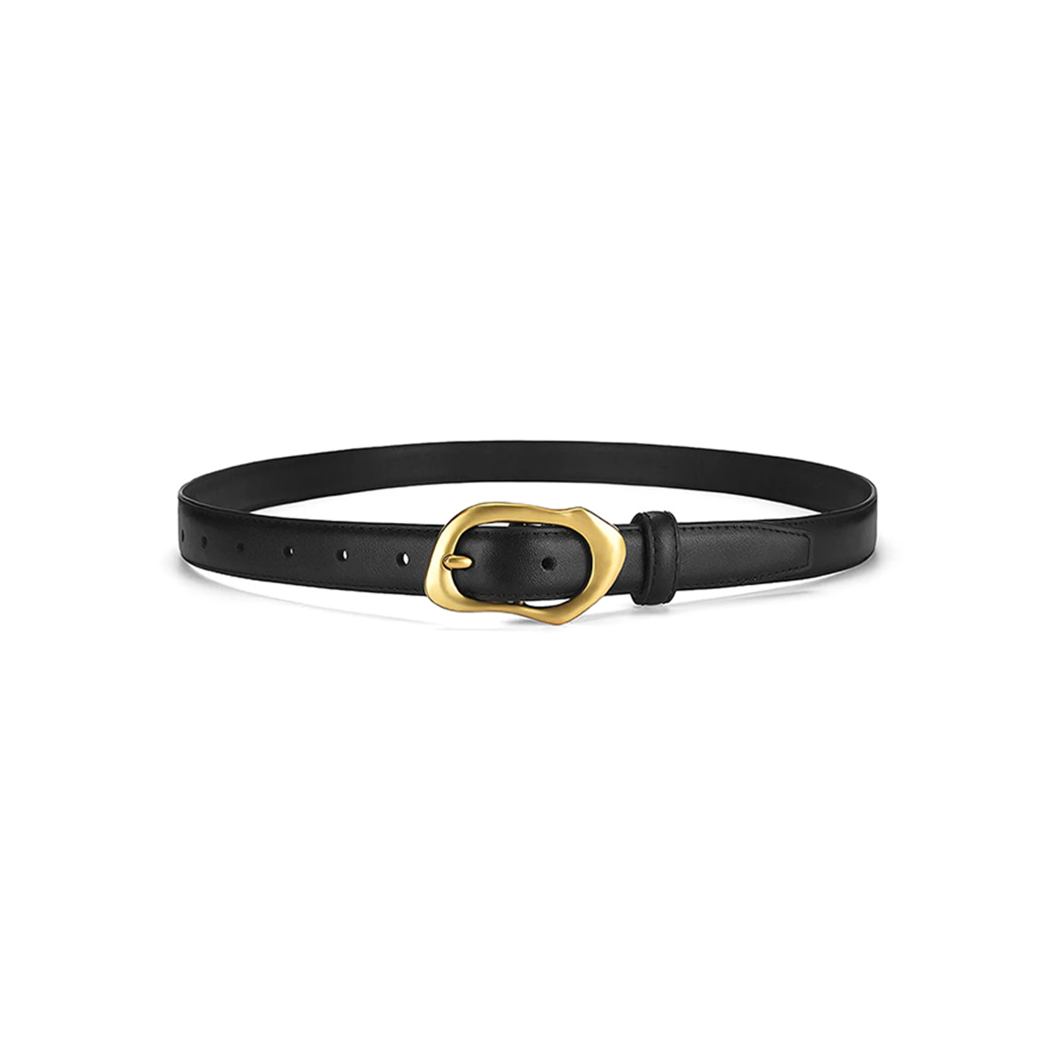 Black genuine leather belt with a slim smooth strap and gold-tone alloy pin buckle on a white background