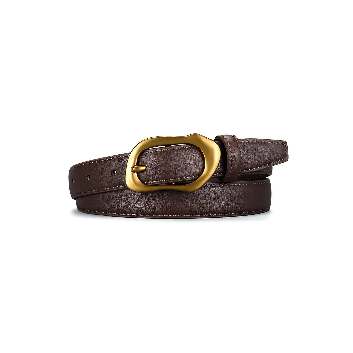 Brown genuine leather belt with a smooth cowhide strap and sculpted gold-tone alloy buckle on a white background