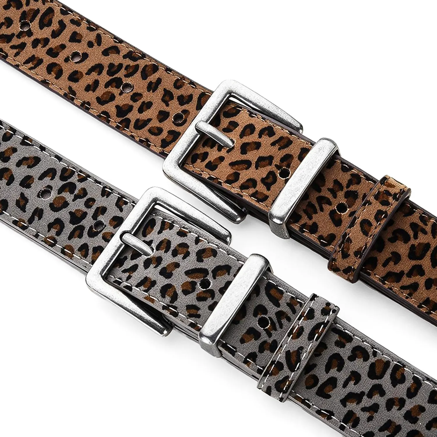 Brown and grey leopard belts with square silver-tone buckles on a white background