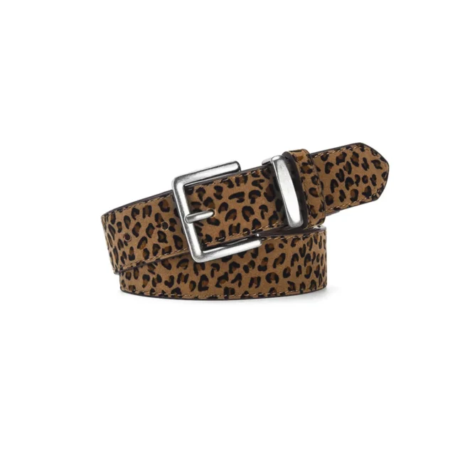 Leopard belt in brown embossed PU with a square silver-tone alloy buckle on a white background
