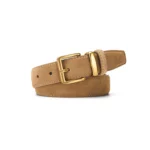 Suede belt in brown split cowhide with a gold-tone square pin buckle on a white background
