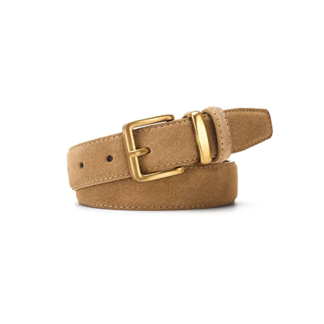 Suede belt in brown split cowhide with a gold-tone square pin buckle on a white background