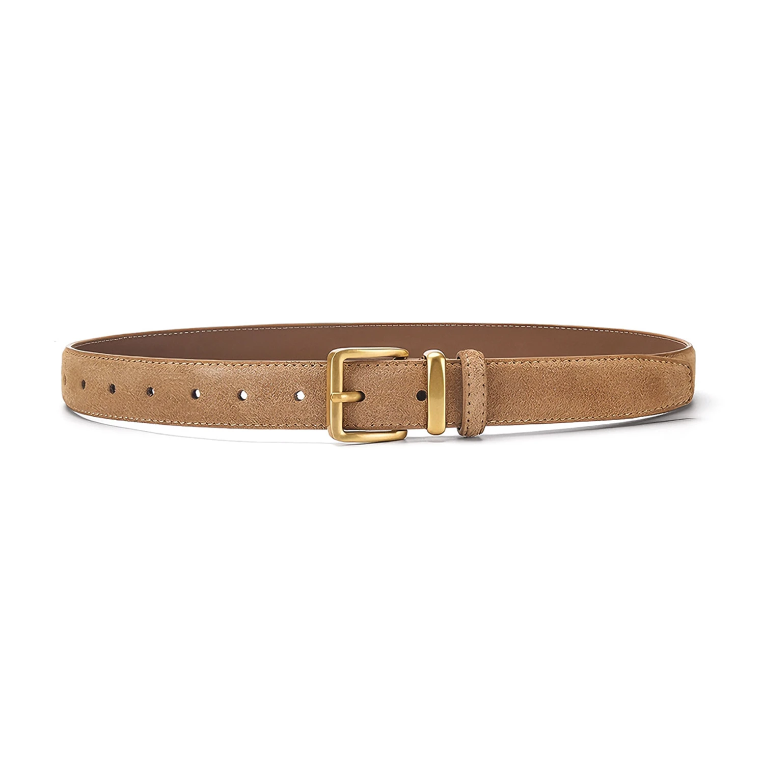 Full view of a brown suede belt with a slim strap and gold-tone square buckle