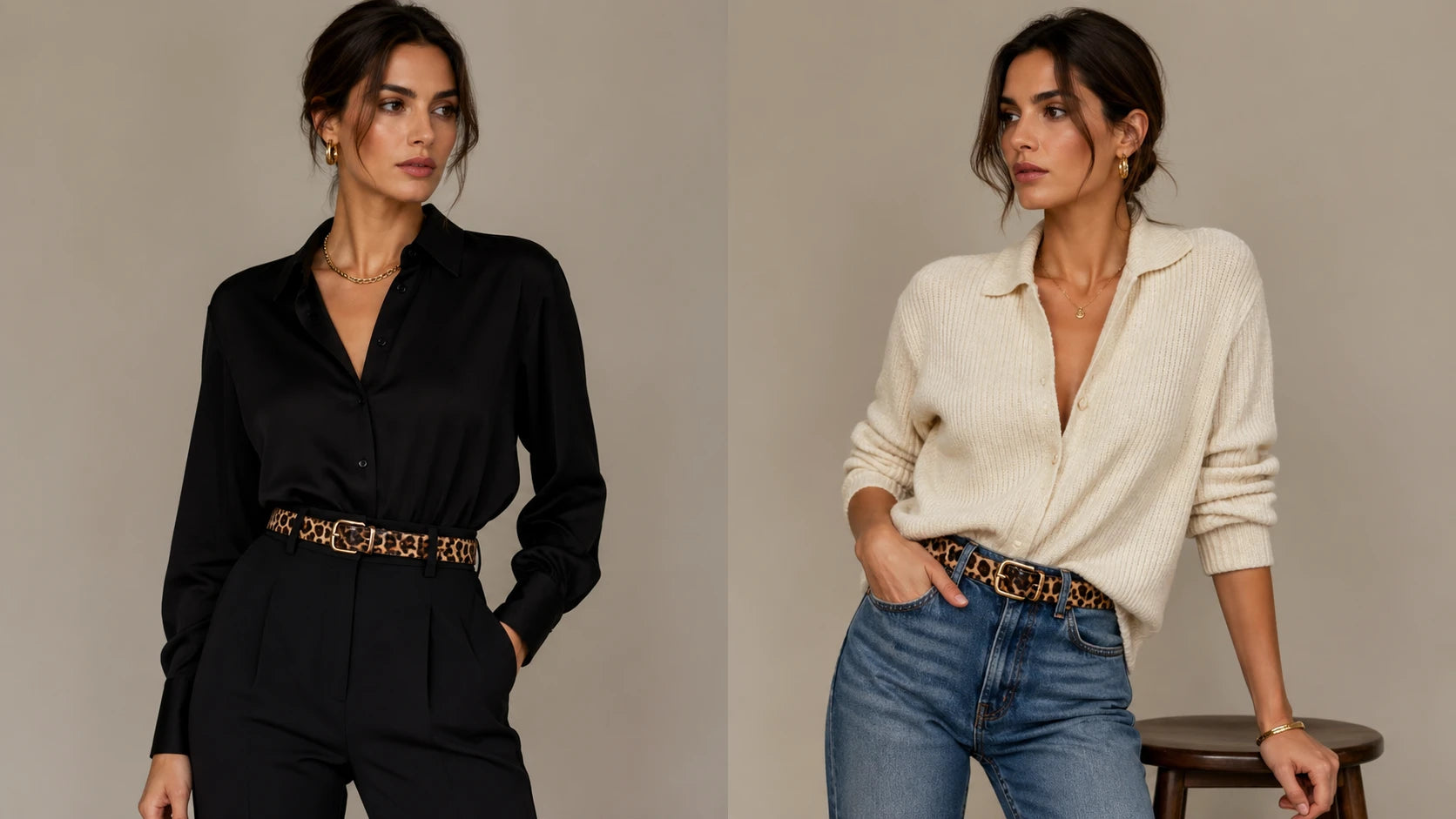 Animal print belt styled with trousers and jeans to compare outfit role and proportion
