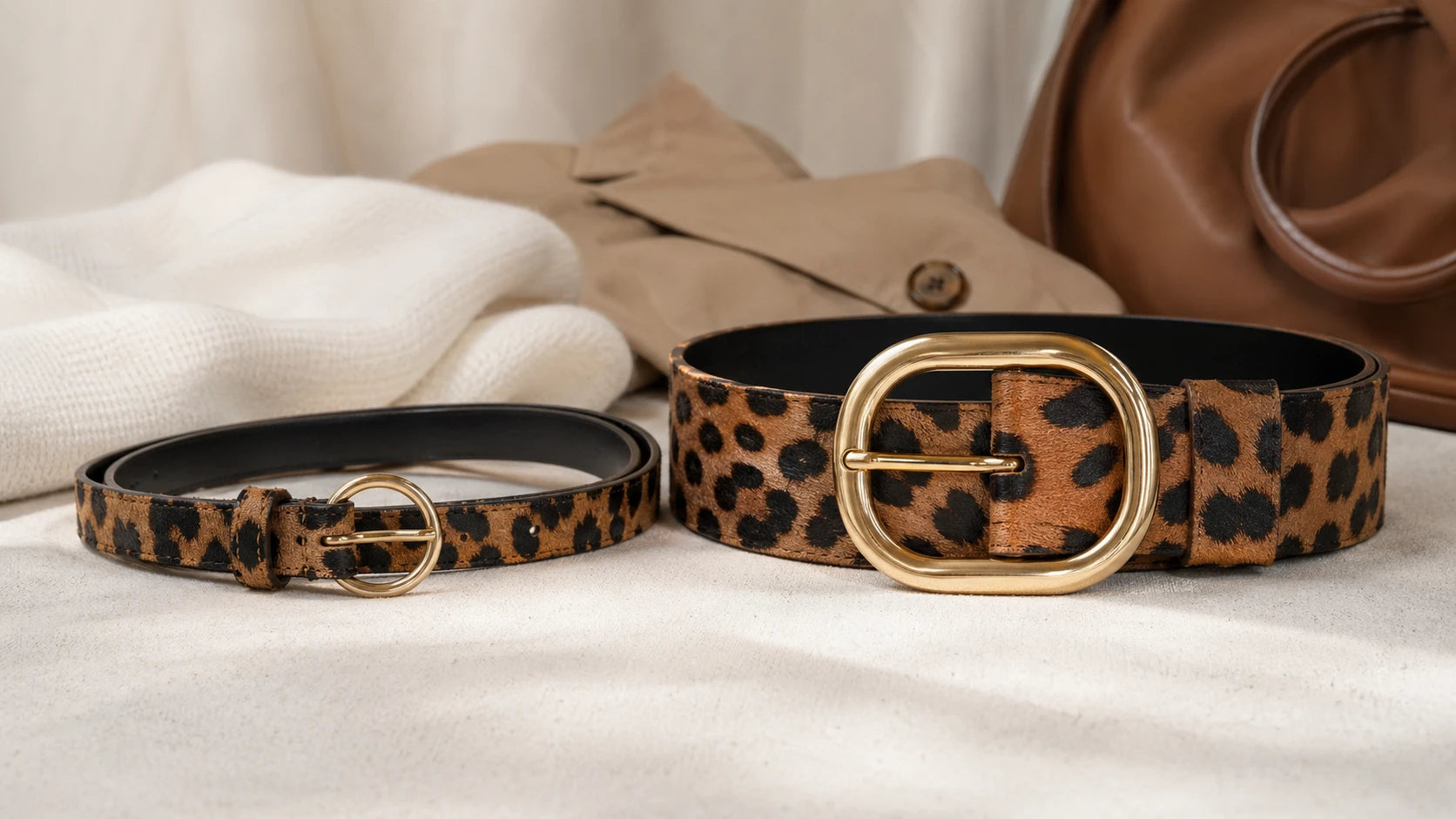 Slim and wider animal print belts compared to show width and buckle scale
