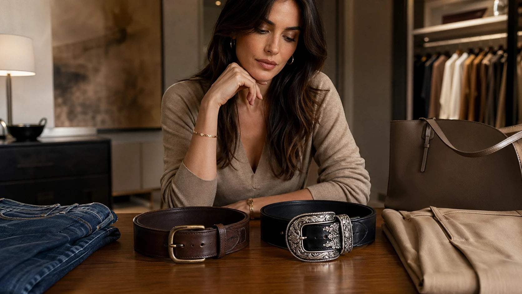 Woman comparing moderate and oversized antique-finish belt buckles with jeans and tailored trousers