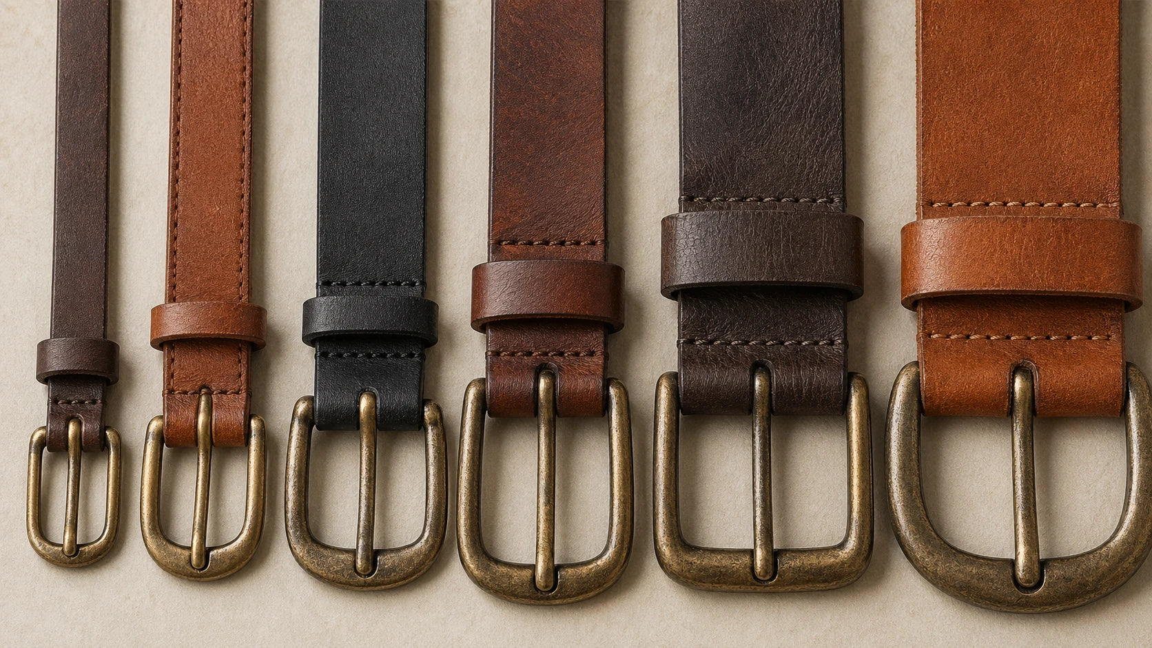 Comparison of slim, medium, and wide women's belts with different antique-finish buckle sizes
