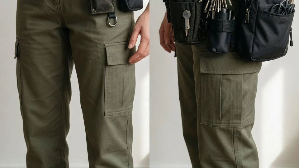 Balanced utility-inspired belt compared with an overloaded belt on casual trousers