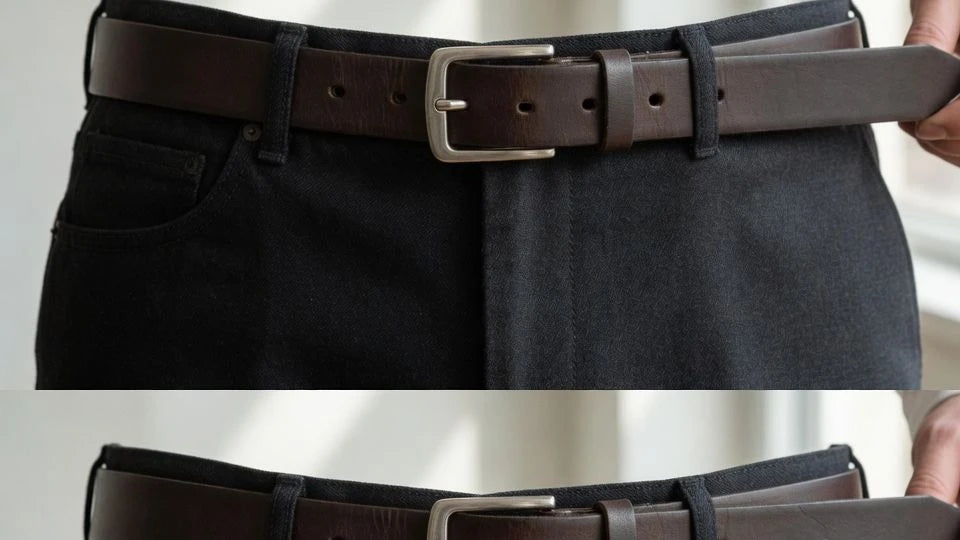 Dark leather belt shown with a clean middle-hole fit on jeans and tailored trousers