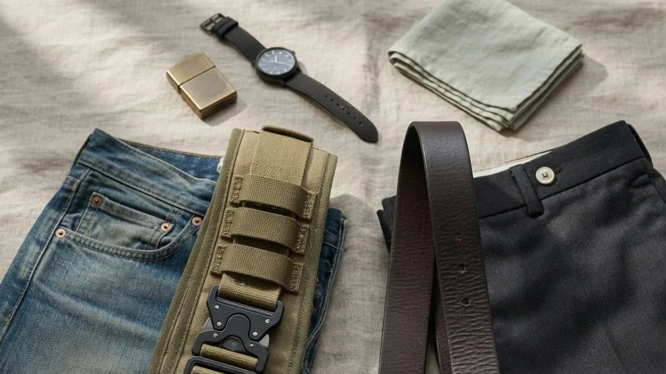 Comparison of a bulky novelty belt and a slimmer dark leather belt for styling diagnosis