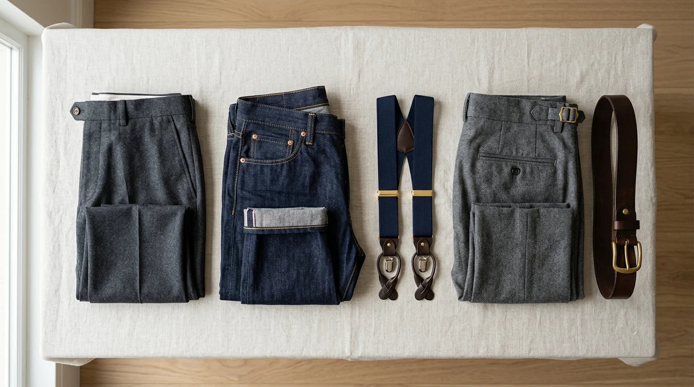 Side adjusters suspenders and leather belt shown as belt alternatives