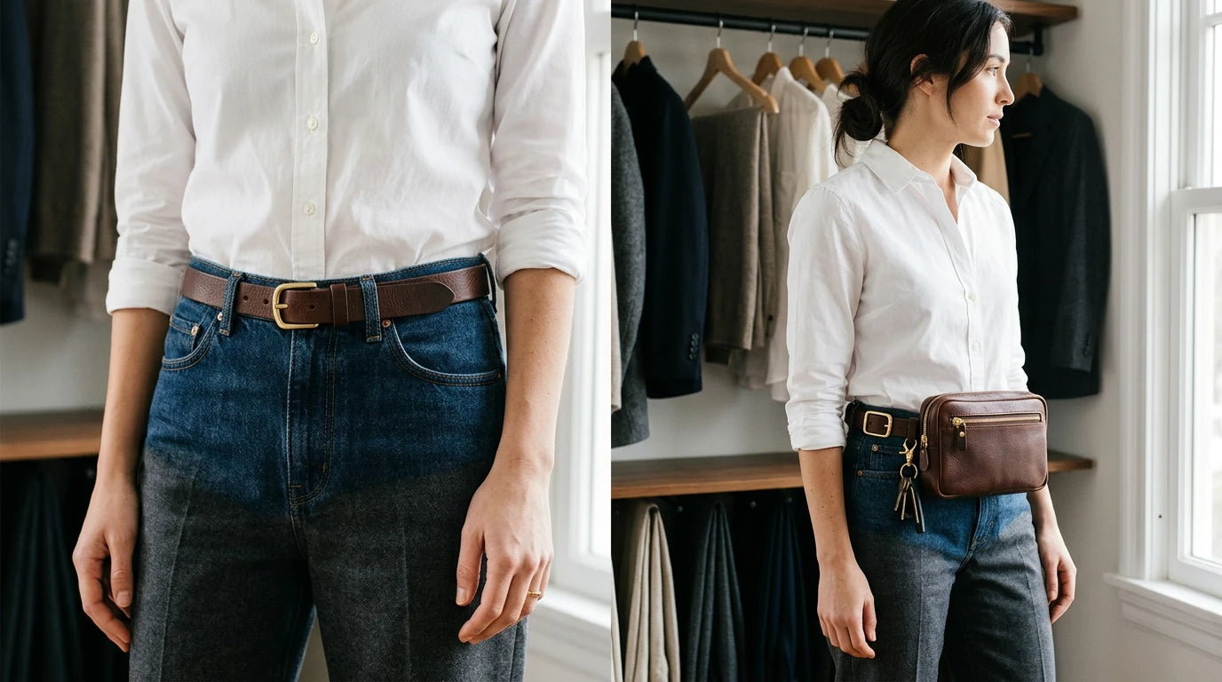 Slim leather belt styled beside a compact belt bag to show different uses