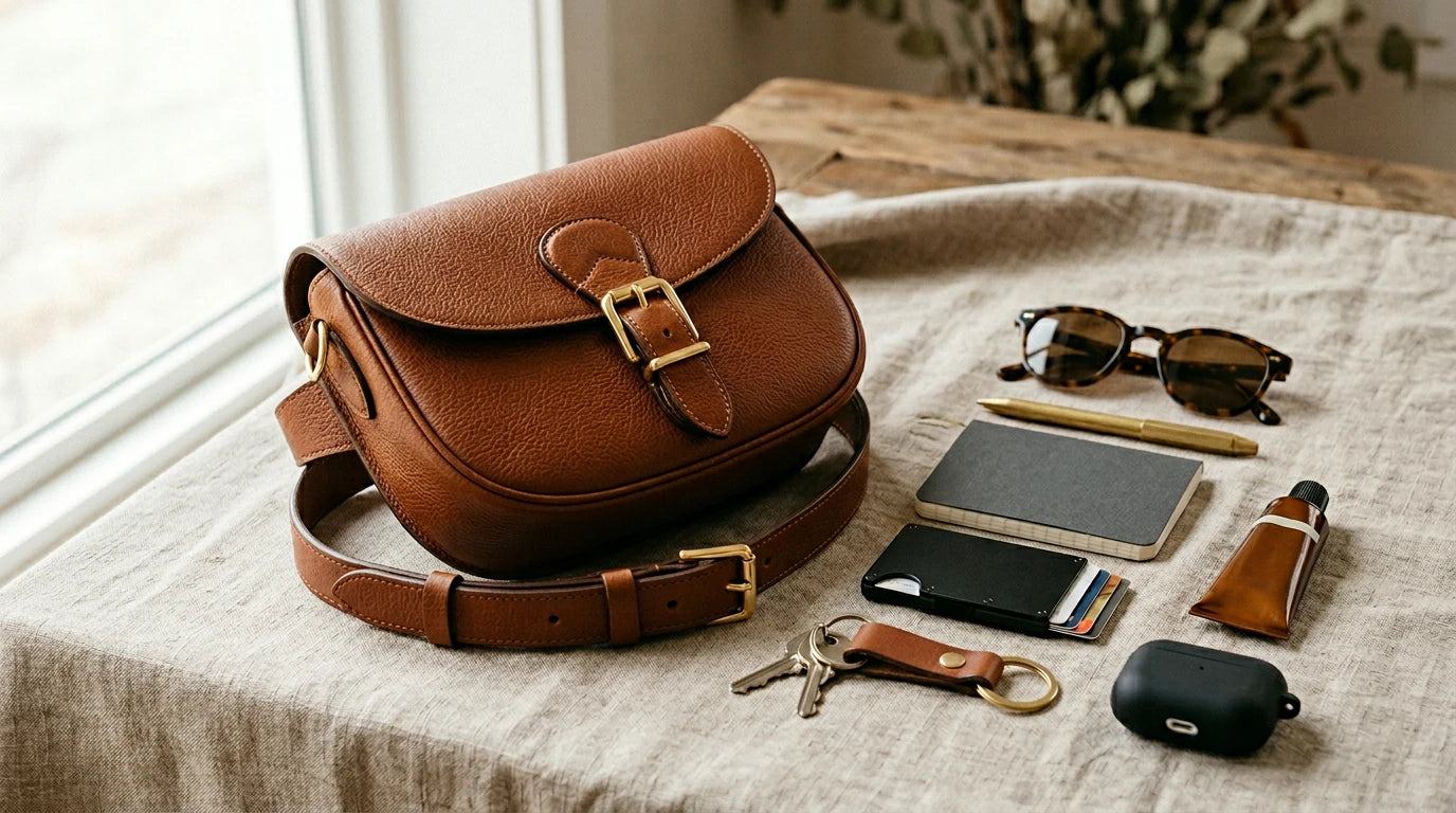Leather belt bag with compact everyday essentials shown in detail