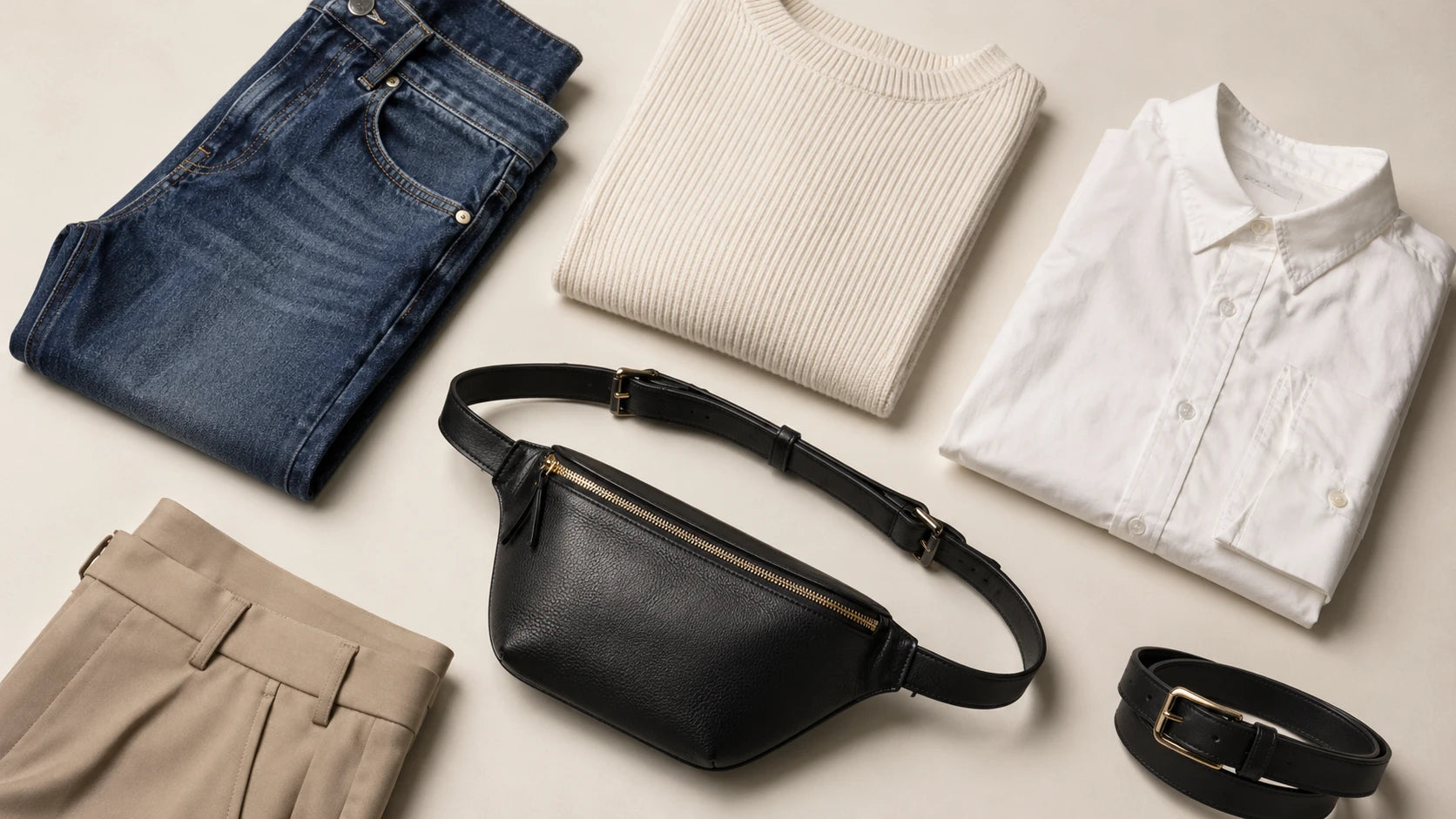 Flatlay comparing belt bag styling with jeans and tailored outfits
