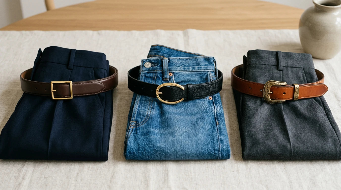 Comparison of women’s belt buckle shapes for dress and casual outfits