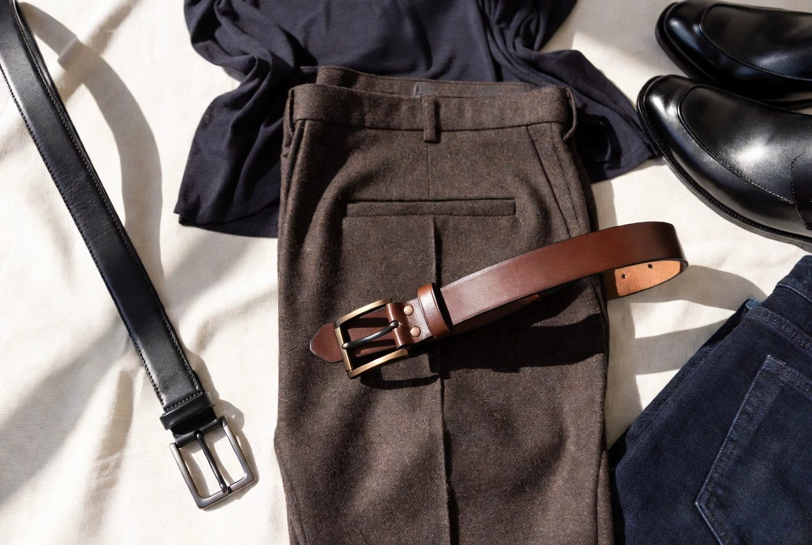 Flat lay showing slim and medium-width belts paired with trousers and jeans