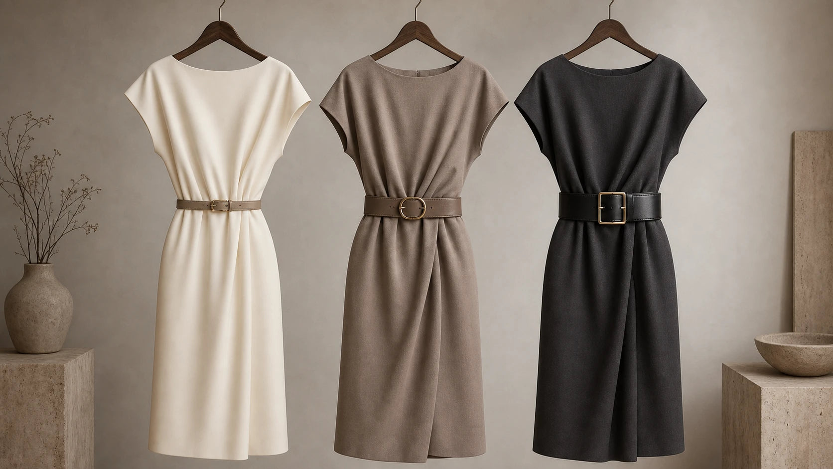 Three dress and belt combinations demonstrating proportion, width, and buckle scale choices